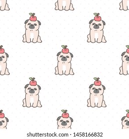 Seamless Pattern of Cute Cartoon Pug Puppy with Apple Design on White Background with Pink Dots