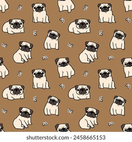 Seamless Pattern of Cute Cartoon Pug Dog Design on Brown Background