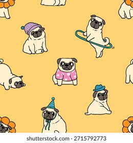 Nahtloses Muster mit niedlichem Cartoon Pug Dog Design auf gelbem Hintergrund. Handgezeichnete Vektorgrafik. Keine KI erzeugt.