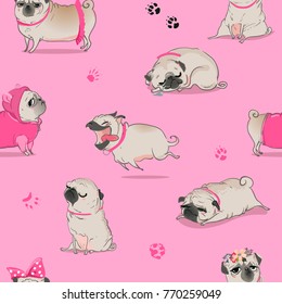 seamless pattern with cute cartoon pug.