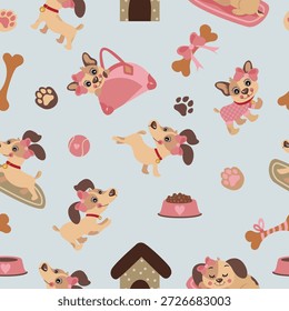 Seamless Pattern With Cute Cartoon Puppies And Pink Accessories
