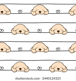 Patrón sin fisuras de la cara linda del cachorro de la historieta y diseño del corazón sobre fondo blanco con líneas