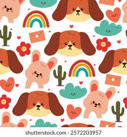 seamless pattern cute cartoon puppy and bunny with sky element and plant. cute animal drawing for wallpaper, pattern, background