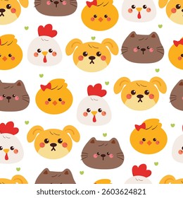 seamless pattern cute cartoon puppy, cat, chick, chicken. cute animal head pattern, for wallpaper, gift wrap paper