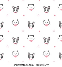Seamless Pattern of Cute Cartoon Puppy Face on White Background with Dots