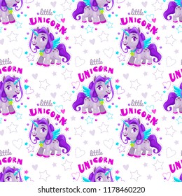 Seamless pattern with cute cartoon purple unicorn and slogans. Vector trendy stylish girlish texture for textile design.