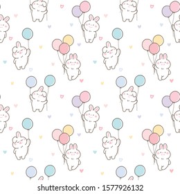 Seamless Pattern of Cute Cartoon Rabbit and Balloon Design on White Background with Pastel Hearts