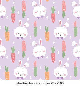 Seamless Pattern of Cute Cartoon Rabbit Face and Carrot Design on Light Violet Background