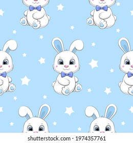 Seamless pattern with cute cartoon rabbit in a bow tie. Vector illustration of animals on a blue background with stars.