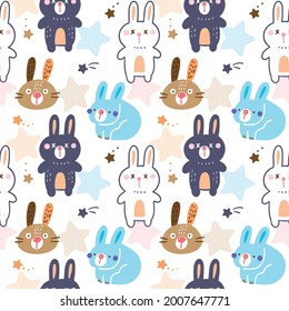 Seamless Pattern with Cute Cartoon Rabbit and Star Design on White Background