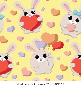 Seamless pattern with cute cartoon rabbit and heart