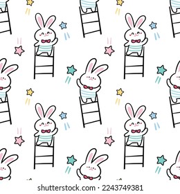 Seamless Pattern with Cute Cartoon Rabbit and Star Design on White Background