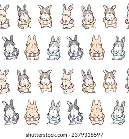 Seamless Pattern with Cute Cartoon Rabbit Characters on White Background