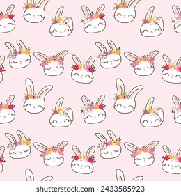 Seamless Pattern of Cute Cartoon Rabbit Face with Flower Design on Pink Background