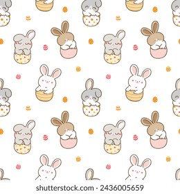 Seamless Pattern of Cute Cartoon Rabbit Character Design on White Background