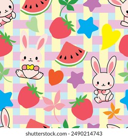 Seamless pattern, cute cartoon rabbit with watermelon Strawberries, stars and flowers, the background is bright and fun. Suitable for use in summer. or gift for children It's a digital product.