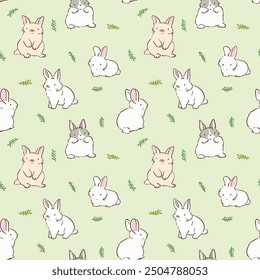 Seamless Pattern of Cute Cartoon Rabbit and Leaf Design on Light Green Background