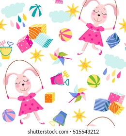 Seamless pattern with cute cartoon rabbit jumping rope and toys around on a white background. Children's decoration texture.