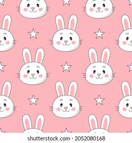 Seamless pattern with cute cartoon rabbits and stars isolated on pink background