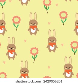 Nahtloses Muster mit niedlichen Cartoon-Kaninchen und Blumen für Stoffdruck, Textil, Geschenkpapier. Kinderfarbenvektor, flacher Stil