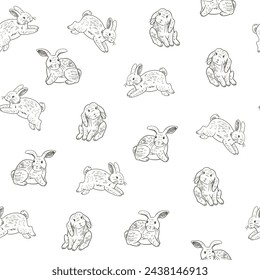 Seamless pattern with cute cartoon rabbits on white background. Vector line illustration.