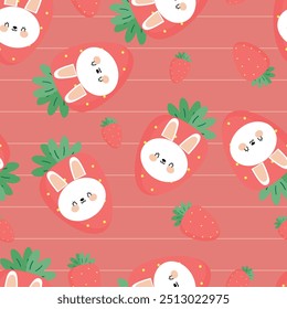 Seamless pattern with cute cartoon rabbits and strawberries for fabric prints, textiles, gift wrapping paper. children's flat and colorful style