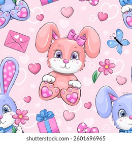 Seamless pattern with cute cartoon rabbits, pink hearts, gift, love letter, flower and butterfly. Vector illustration on a pink background with animals.