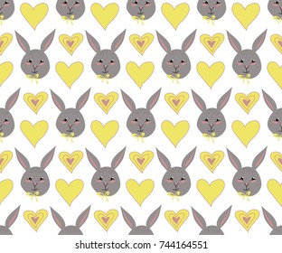 Seamless pattern of cute cartoon rabbits and hearts. Manual drawing. Vector.