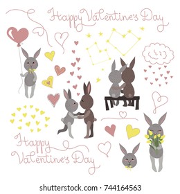 Seamless pattern of cute cartoon rabbits and hearts. Manual drawing. Vector.