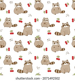 Seamless Pattern of Cute Cartoon Raccoon and Cherry Illustration Design on White Background