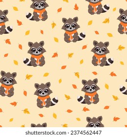 Nahtloses Muster mit süßem Cartoon-Raccoon und Herbstblättern. Hintergrund für Herbstdesign. Vektorgrafik