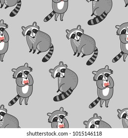 Seamless pattern with cute cartoon raccoons. Vector background.