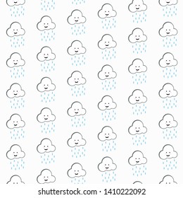 seamless pattern with cute cartoon rain design on white background and clouds
