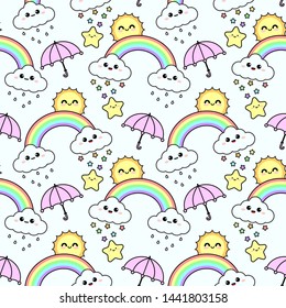 seamless pattern with cute cartoon rain clouds, sun, umbrella, rainbow and stars design on white background