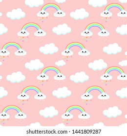 seamless pattern with cute cartoon rain clouds, rainbow and stars design on red background