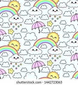 seamless pattern with cute cartoon rain clouds, sun, umbrella, rainbow and stars design on white background
