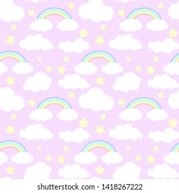 seamless pattern with cute cartoon rainbow, stars and clouds design on pink background