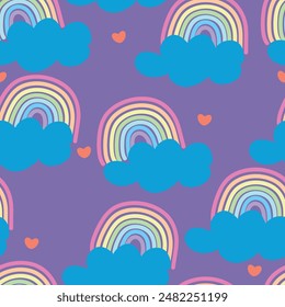 Nahtloses Muster mit niedlichen Cartoon-Regenbogen und Wolken, für Stoffdrucke, Textilien, Geschenkpapier. Kinderfarbige Vektorgrafik, flacher Stil