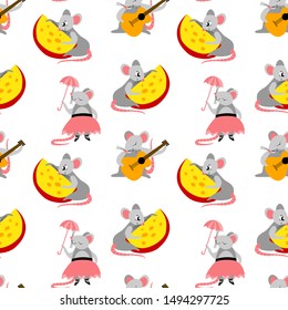 Seamless pattern with cute cartoon rats isolated on white background. Flat vector illustration.