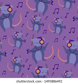 Seamless pattern with cute cartoon rats listening to music in player. Nice rodent on purple background. Flat vector illustration.