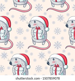Seamless pattern and cute cartoon rats. Vector illustration.