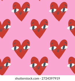 Modelo inconsútil con el corazón rojo lindo de la historieta con los ojos en un fondo rosado. Amor simple para el día de San Valentín feliz. Fondo brillante de dibujos animados con corazones festivos frescos.