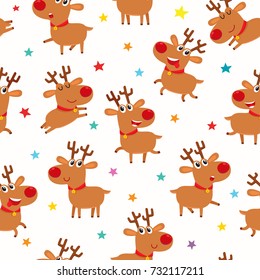 Seamless pattern with cute cartoon reindeers, vector illustration on white background. Illustration with different deers and stars used for magazine or book, poster and card, web pages.