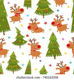 Seamless pattern with cute cartoon reindeers and Christmas tree, vector illustration on white background used for magazine or book, poster and card, web pages.