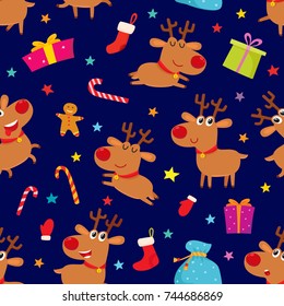Seamless pattern with cute cartoon reindeers, vector illustration on blue background. Illustration with different deers, gifts, candies and stars used for magazine or book, poster and card, web pages.