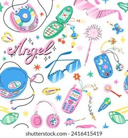 Seamless pattern with Cute cartoon retro 2000s CD players, flip phone, sunglasses. Hand drawn flat vector y2k glamour accessorise in colored doodle style. Background in 00s nostalgic style.