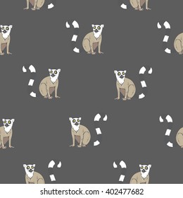 Seamless pattern with cute cartoon ring-tailed lemurs on a gray background. Madagascar cats. Vector image.