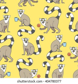 Seamless pattern with cute cartoon  ring-tailed lemurs on yellow background. Madagascar cats. Vector image.