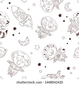 Seamless pattern with cute cartoon rocket, ausrtonaut and planet in space. Line art in scketch style isolate on white background. Vector illustration