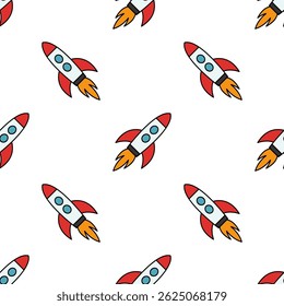 Seamless pattern of cute cartoon rockets launching into space. Vector illustration